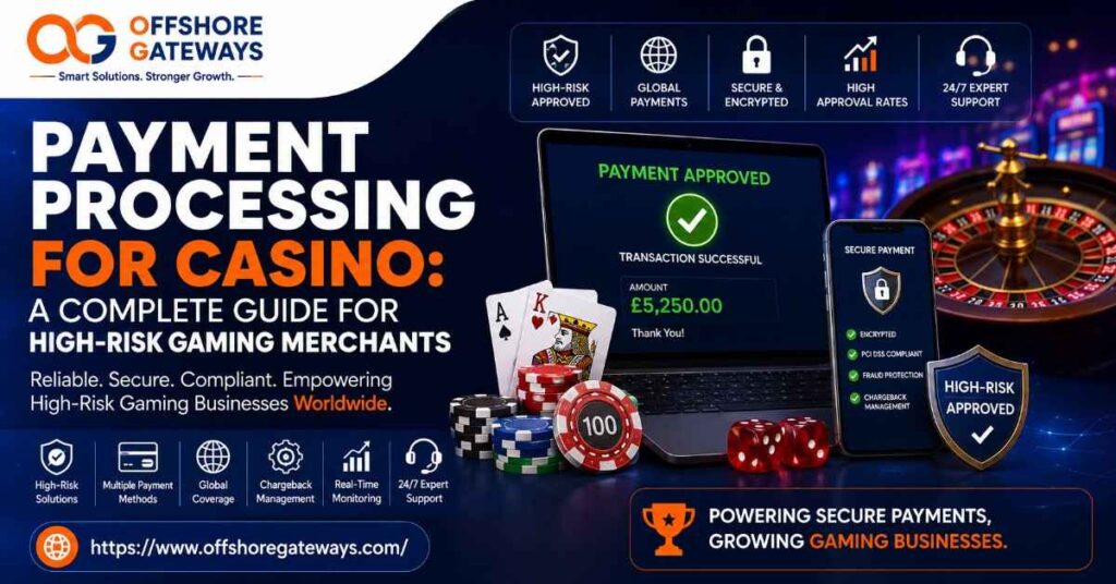 Payment Processing for Casino banner featuring secure payment solutions, casino chips, roulette wheel, payment dashboard, high-risk merchant support, and Offshore Gateways branding.